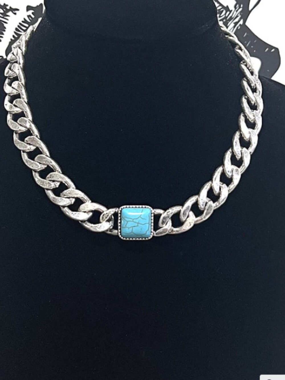Turquoise Semi Stone Pendant Chunky Silver Chain Necklace 16" NWT